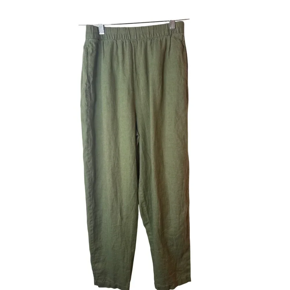 ZARA Womens Small Olive Green Linen Pants Elastic Waist Relaxed Fit